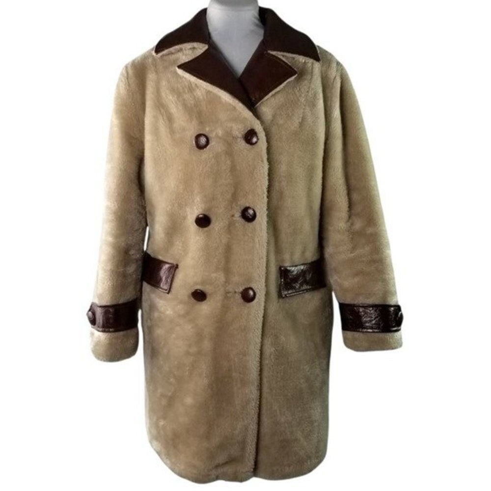 Vintage Fingerhut Fashions Fur Leather Coat Double Breasted Buttons Beige Sz 12